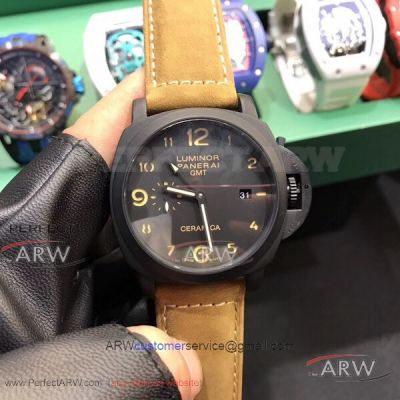 Perfect Replica Panerai Luminor 1950 GMT Automatic 44MM Watch - PAM00441 Black Ceramica Case Brown Leather Strap